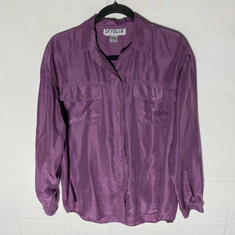 Vintage Skyblue Oversized Purple Silk Button Up Shirt S